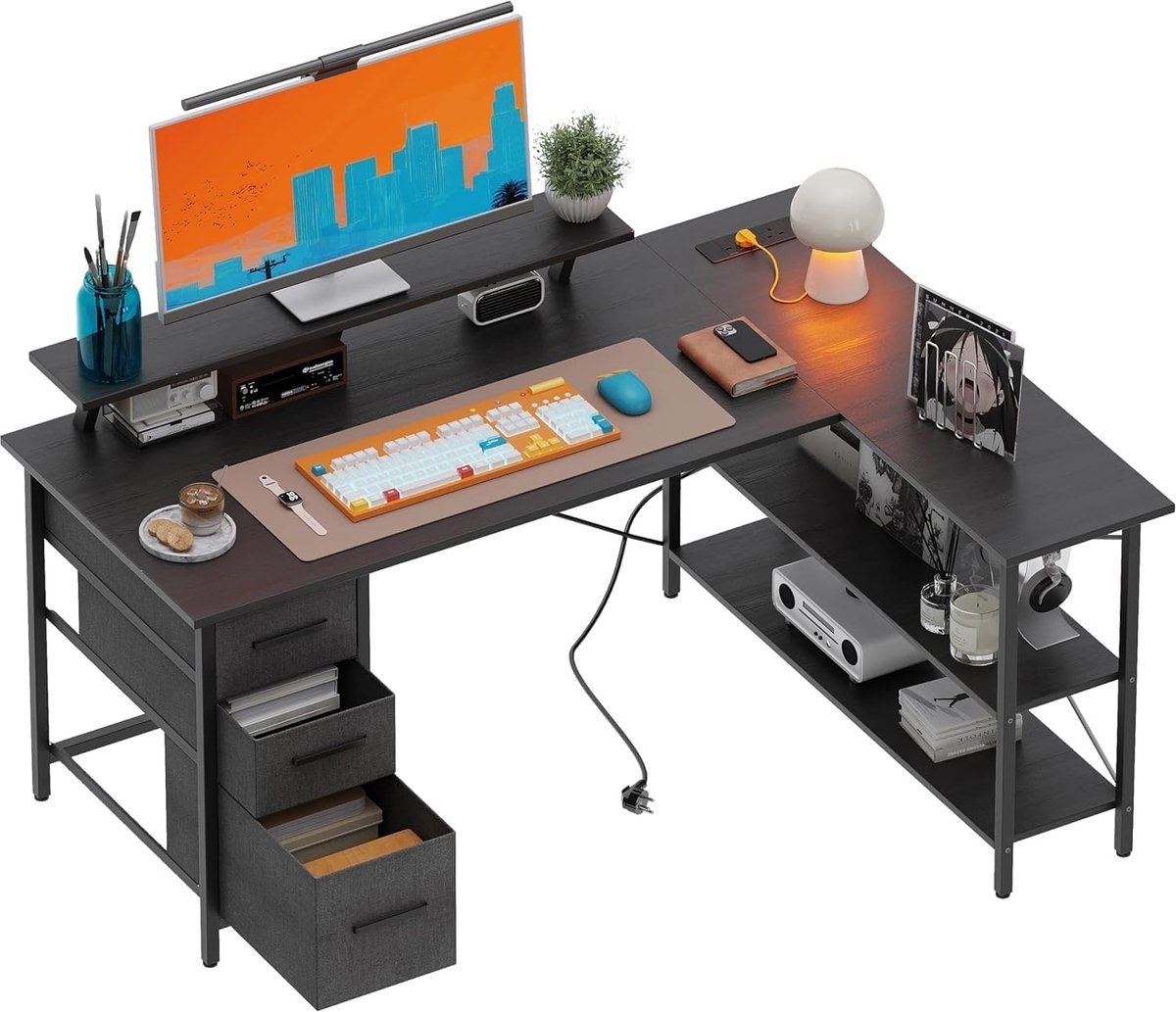 SnelShoppen - L-vormig Bureau met 3 Stoffen Lades, 120x80cm, Omkeerbaar Hoekbureau met Monitorstandaard, Stopcontact en USB Oplaadpoort voor Thuiswerk