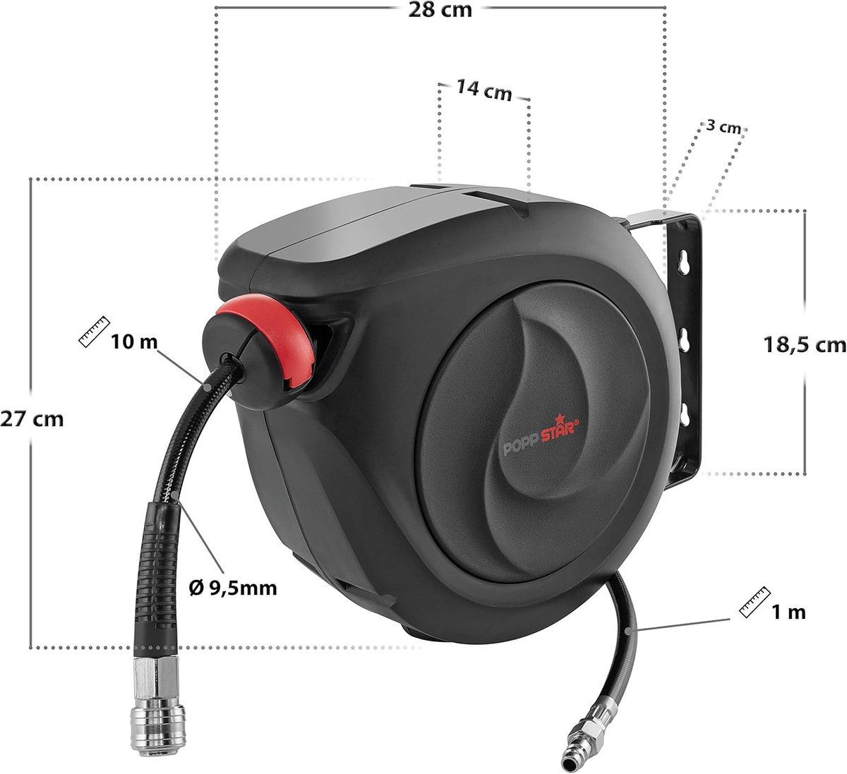 SnelShoppen - Automatische Slanghaspel 10m + 1m, Compressed Air Hose Reel met Robuuste Bevestiging, 180° Draaiend, PVC Luchtslang, 1/4" BSPT Aansluiti