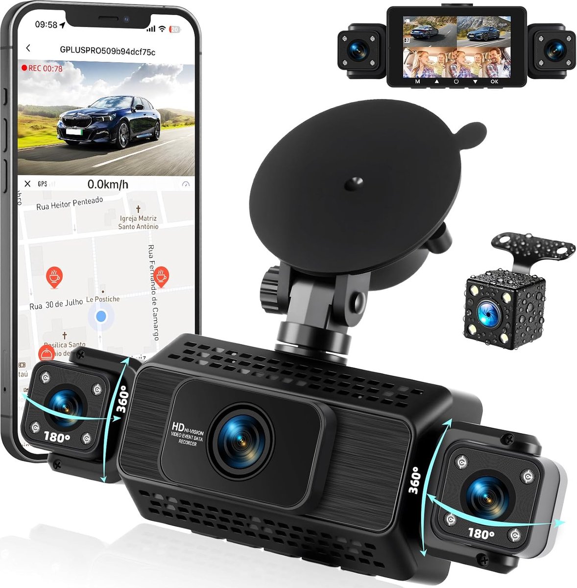 SnelShoppen - 4-kanaals auto dashcam met app, 360° voor- en achterzicht, interieurcamera, nachtzicht, loopopname, 24-uurs parkeerbewaking, G-sensor, p