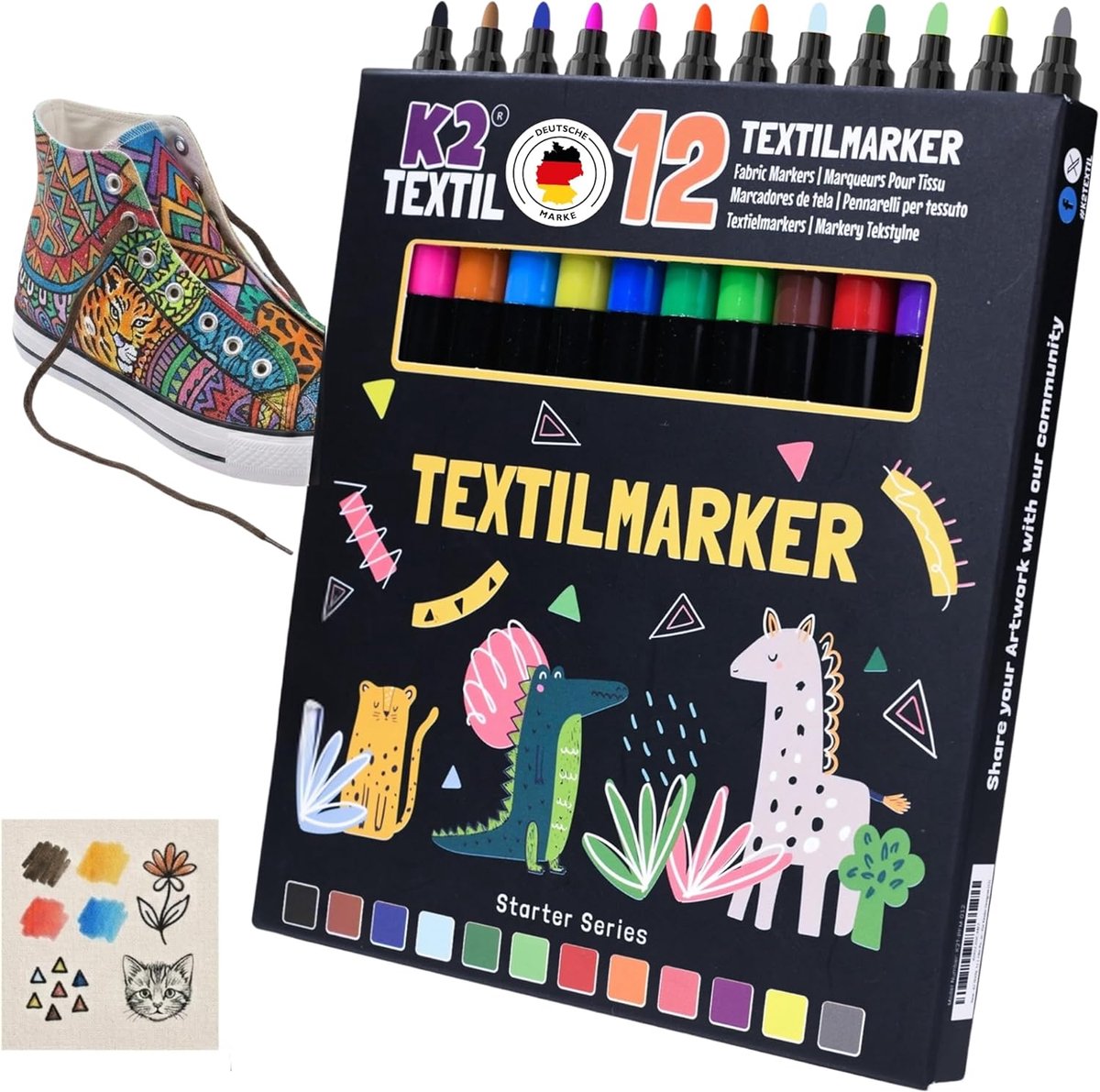 SnelShoppen - 12 Textielstiften, Wasbaar, Textielmarkers voor Schilderen, 12 Heldergekleurde Stiften voor Textiel en Schoenen, Geschikt voor Kinderen