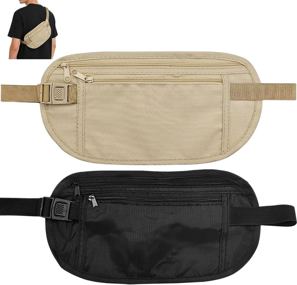 SnelShoppen - Verborgen Geldriem 2 Stuks - Lichtgewicht Reistassen - 24 x 14 cm - Zwart en Kaki - Ideaal voor Sport en Reizen