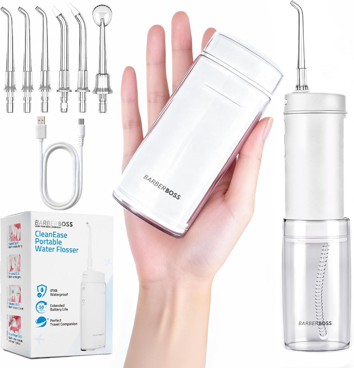 SnelShoppen - Draadloze Reis Water Flosser, Oraal Irrigator, 3 Drukmodi, 6 Opzetstukken (Tanden, Orthodontisch, Periodontisch, Tongschraper), Telescop