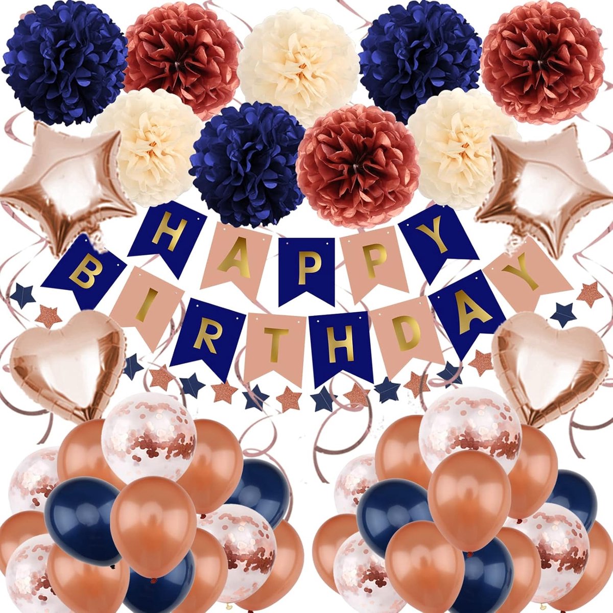 SnelShoppen - ZERODECO Verjaardagsdecoratie Set met Rose Goud en Marineblauw, Happy Birthday Banner, Papieren Pompoms en Ster Vlaggenlijn voor Feestel