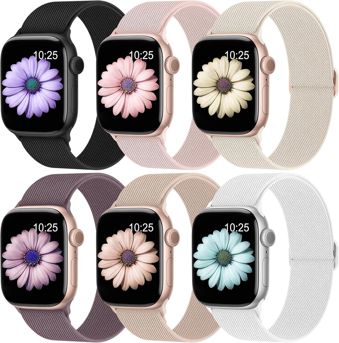 SnelShoppen - 6 Stuks Nylon Armbanden Compatibel met Apple Watch 40mm/38mm/41mm, 44mm/42mm/45mm/46mm/49mm, Verstelbaar, Sportief, Elastisch, Ademend v
