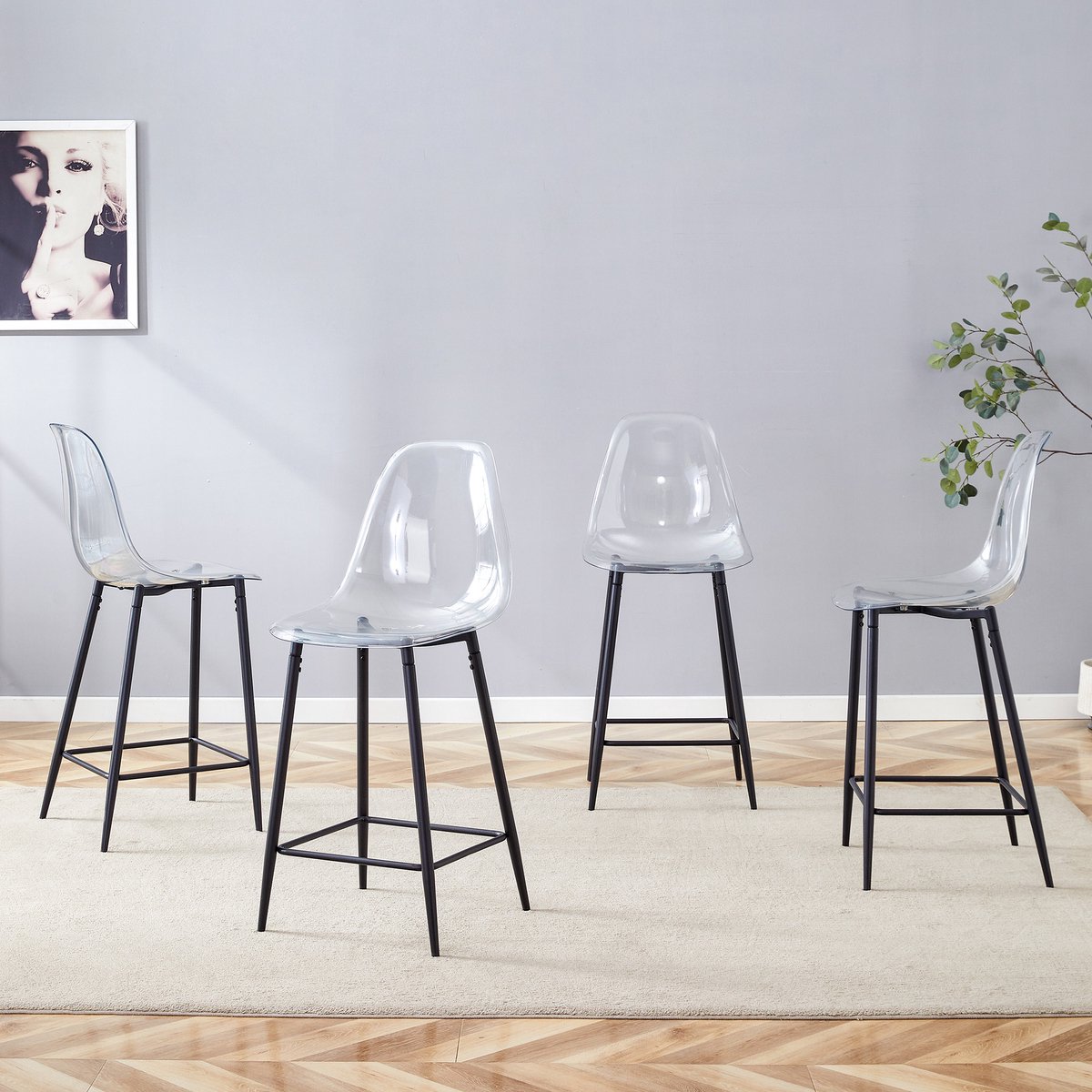 MEUNIQ transparante barkruk set van 4 met rugleuning en zwarte metalen poten, kunststof zitting, 51 x 45 x 102 cm, voor keuken, bar en eetkamer