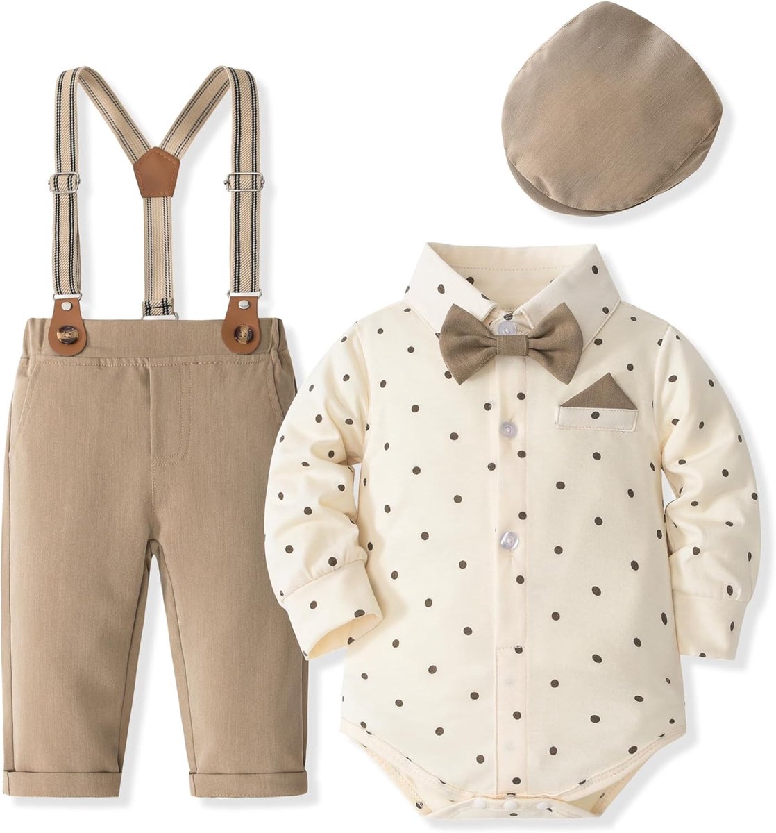 SnelShoppen - Formele Outfit Babyjongen - Kleding Set Romper met Strik, Bretels, Broek & Hoed voor Bruiloft, Verjaardagsfeestje, 6-18 Maanden, Tijdloz
