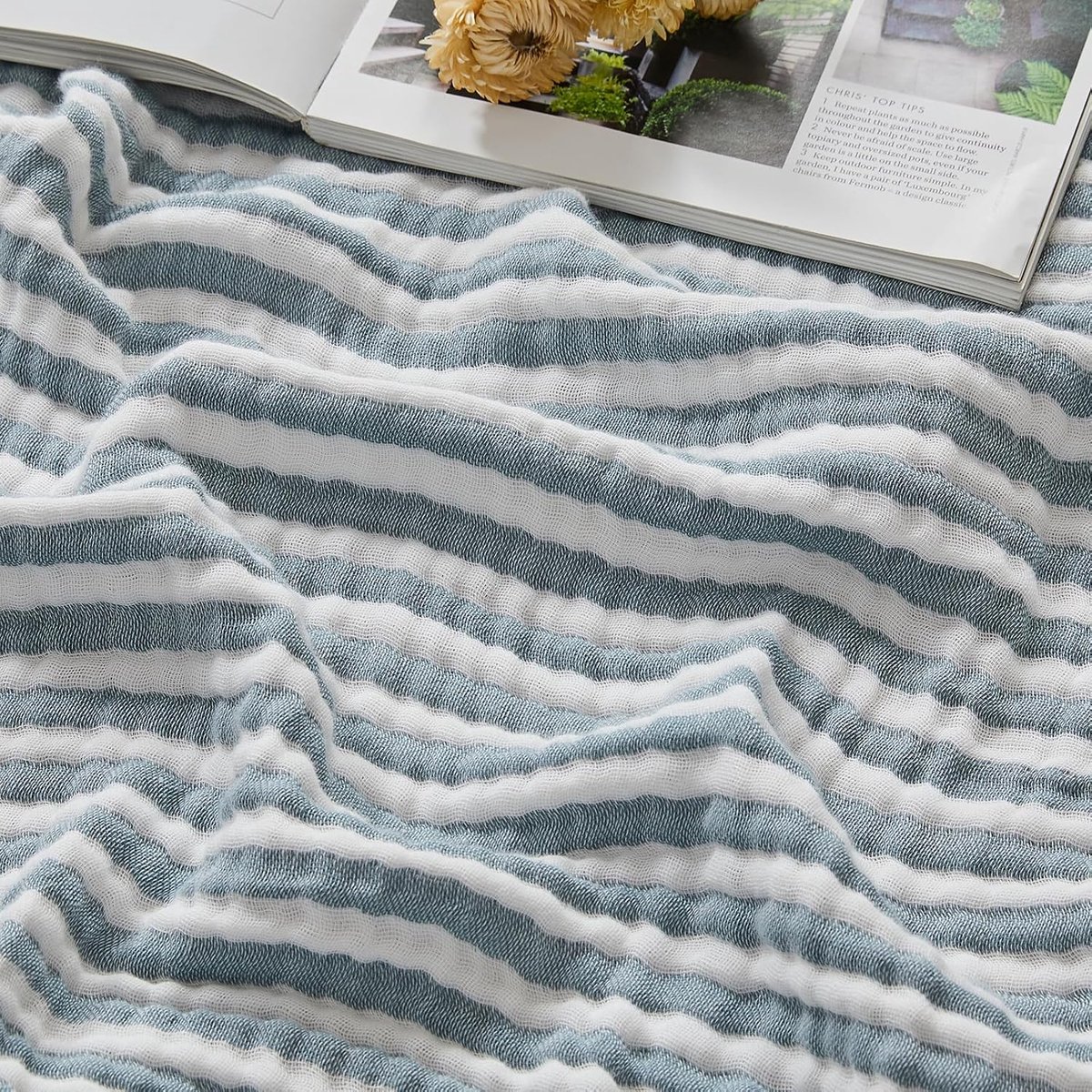 SnelShoppen - Katoenen Deken Mousseline 127x177 cm - Ademend Zacht en Lichtgewicht Bankdeken - Voorgewassen Katoenen Sprei in Gestreept Groenblauw - I