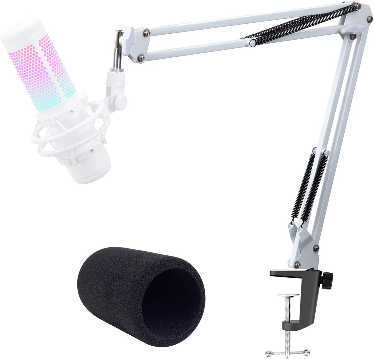SnelShoppen - Professionele Microfoonarm Witte Ophangarm voor Videostreams met Schuim Microfoonkap en Popfilter, Compatibel met QuadCast Microfoon - S