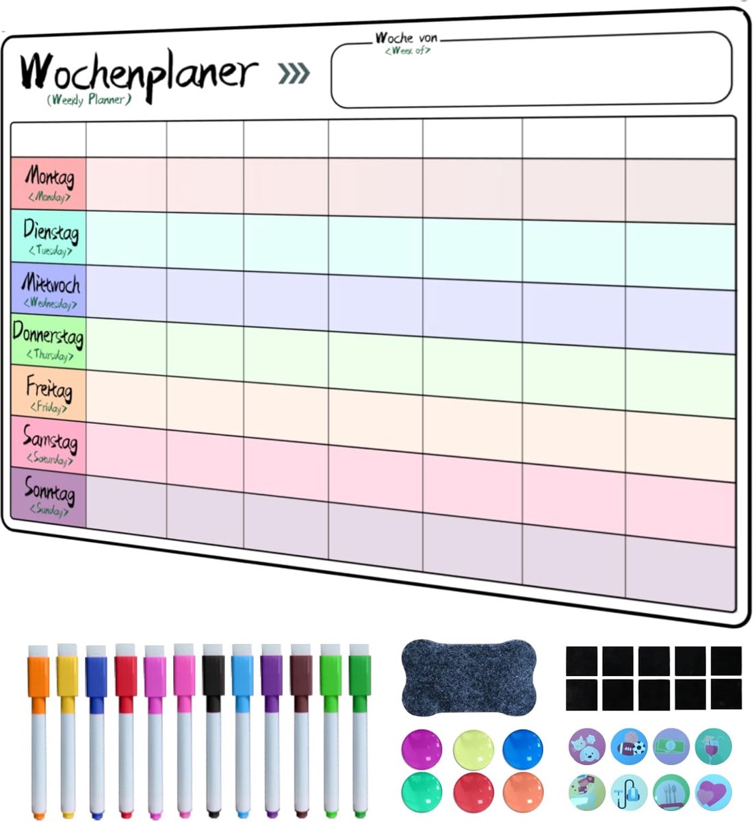 SnelShoppen - Whiteboard Weekplanner Magnetisch Afwasbaar 42x30 cm - Multifunctionele Huishoudplanner, To-Do Lijst, Boodschappenlijst, Kinderweekplann