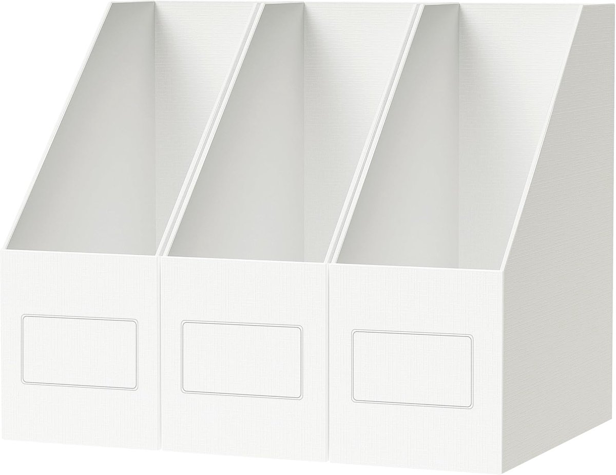 SnelShoppen - 3 Stuks Tijdschriftencassette A4, Stevige Staande Map, 10,5 cm Breed, Extra Stevig Karton 1700 g/m², Wit, Voor Boeken en Documenten Opsl