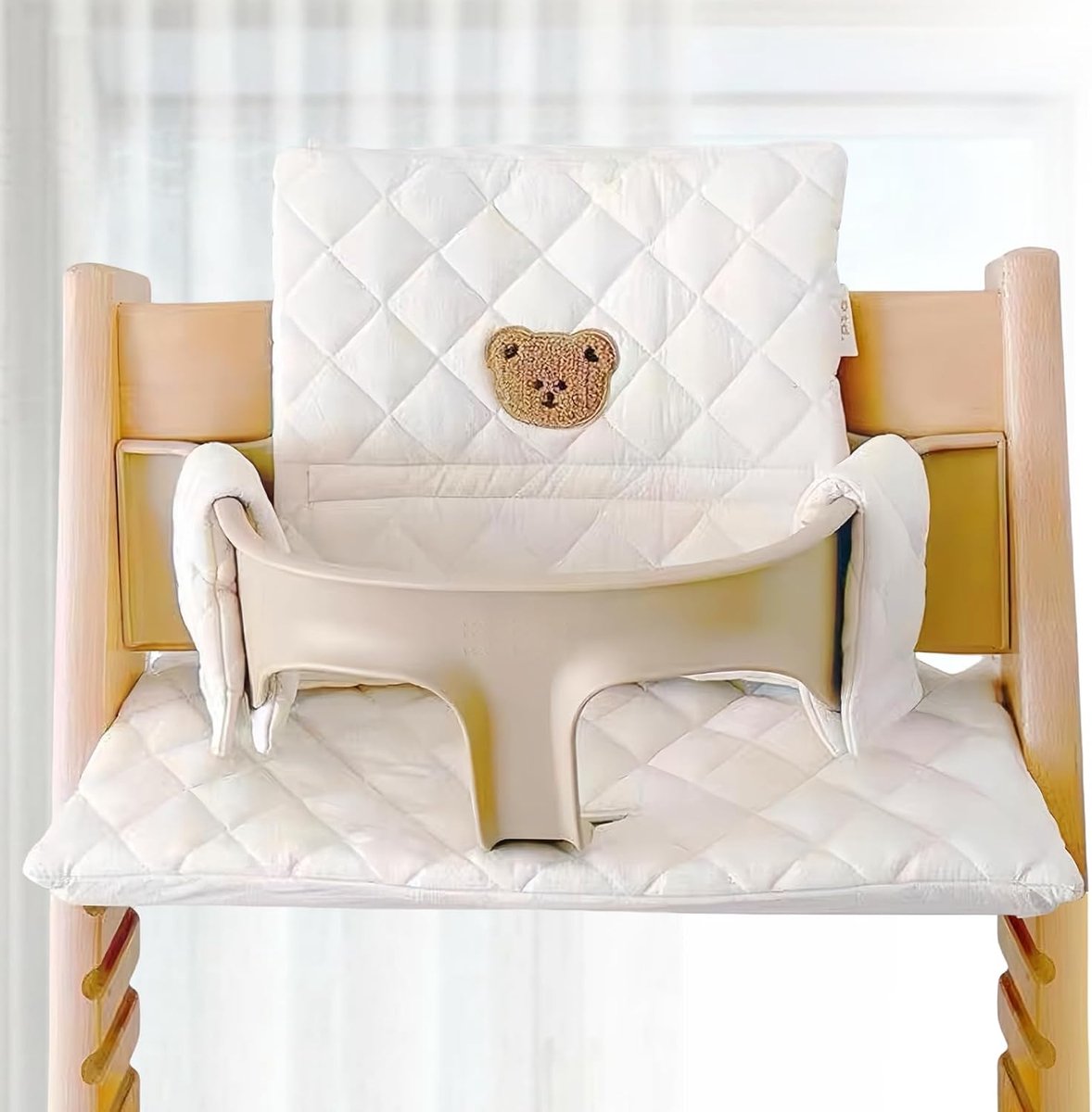 Kinderzitkussen - Stoelkussen baby - Comfortabel eten - Afneembaar en waterdicht - 2-delig - Wit met beer
