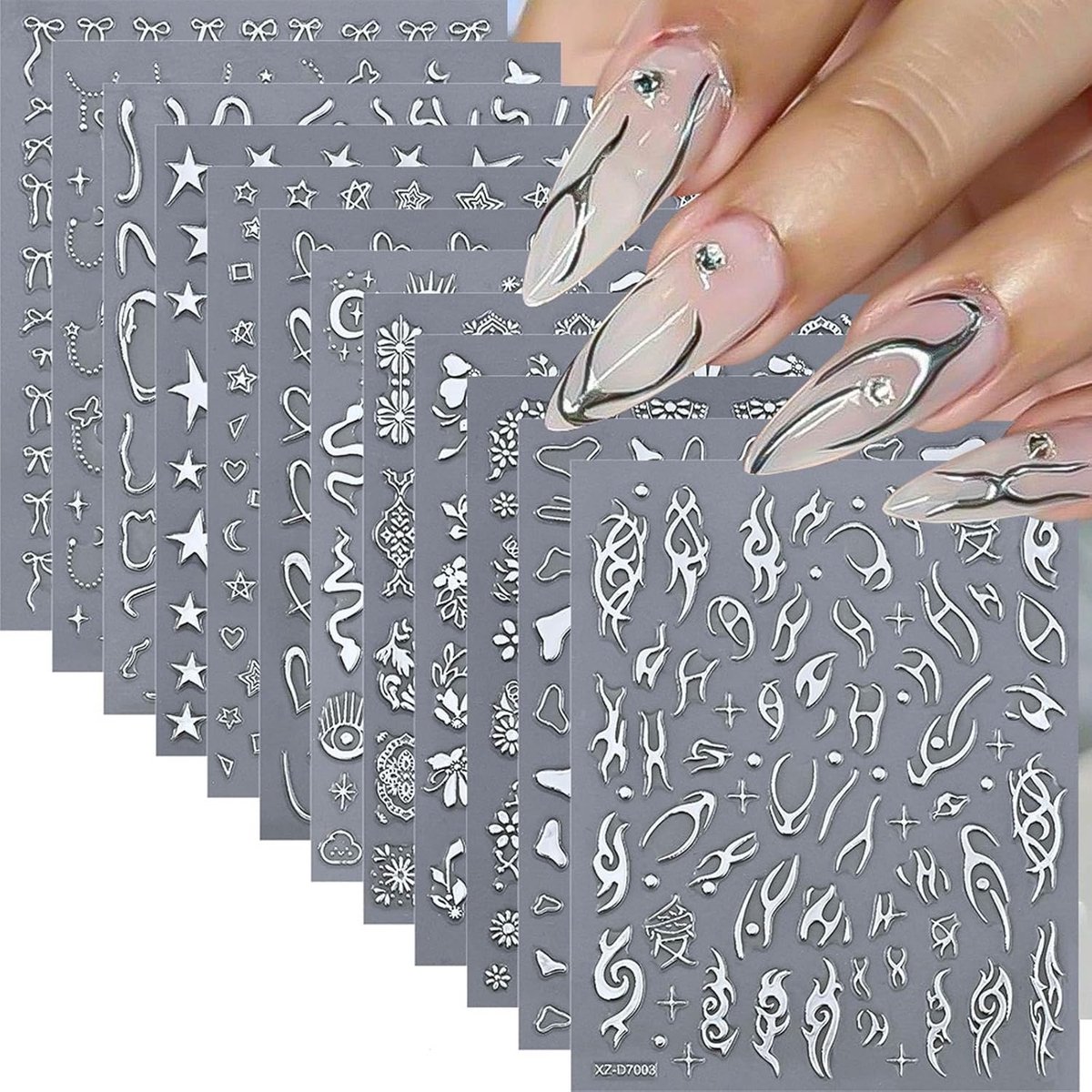 SnelShoppen - 12 Bladen Zilveren Maan Ster Nail Art Stickers - 3D Zelfklevende Nagelstickers met Bloemen en Bladeren voor Elegante Nagelontwerpen