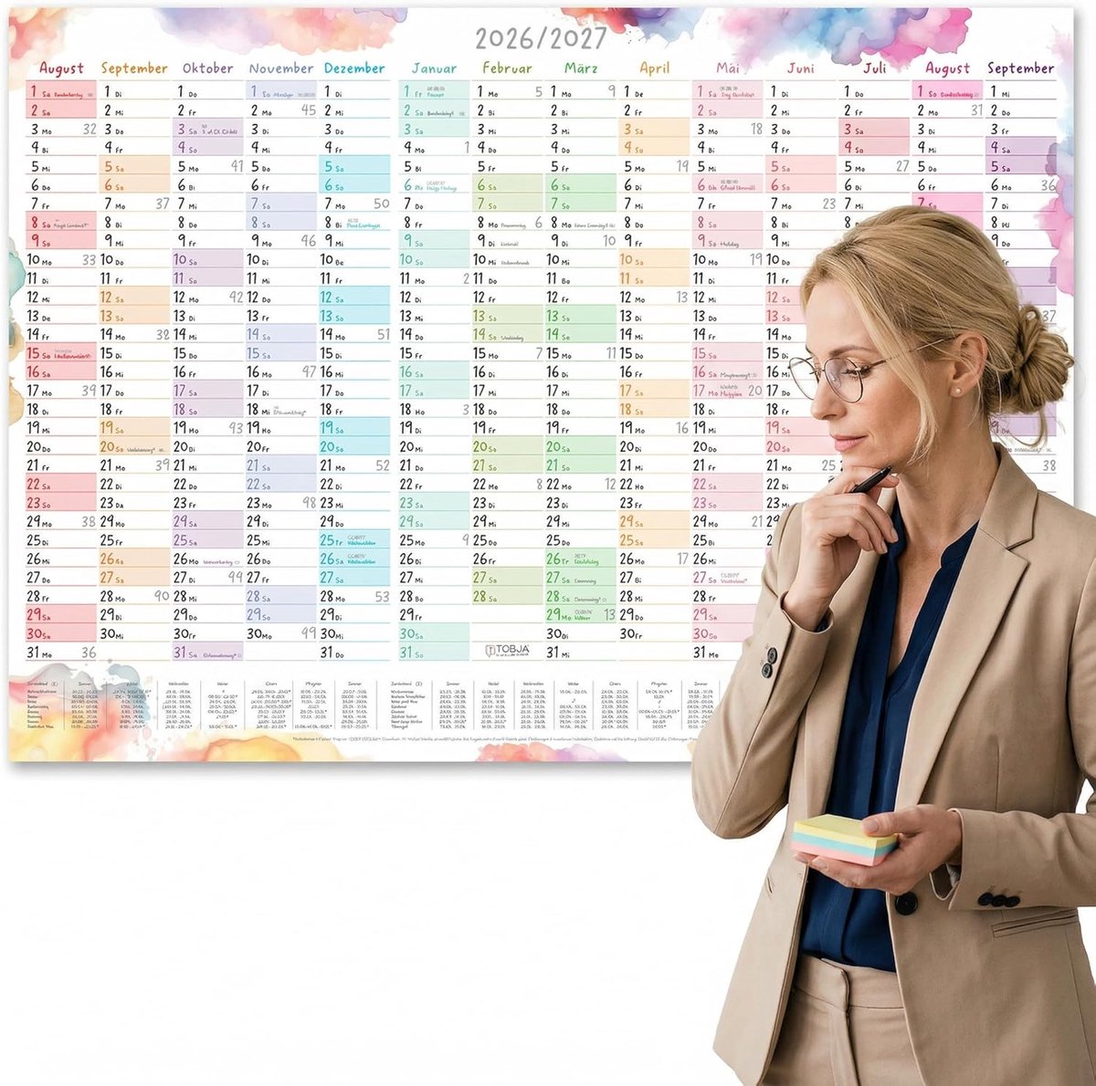 SnelShoppen - TOBJA Schooljaar Kalender A1 2026/2027 "Watercolor Splash" - XL Wandkalender 14 Maanden Aug 2026 - Sep 2027, Scholen, Vakanties DE & AT,