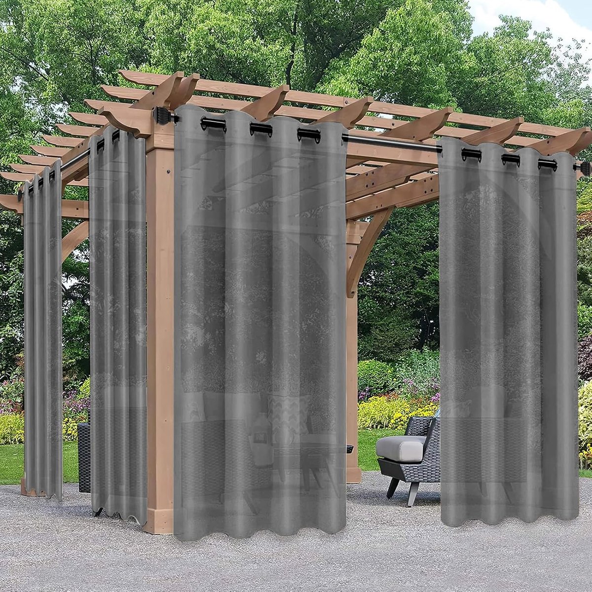 Outdoorgordijn, transparant, met ringen, set van 2, H 210 x B 134 cm, gordijnen, inkijkbescherming, voor balkon, paviljoen, woonkamer, terras, tuin