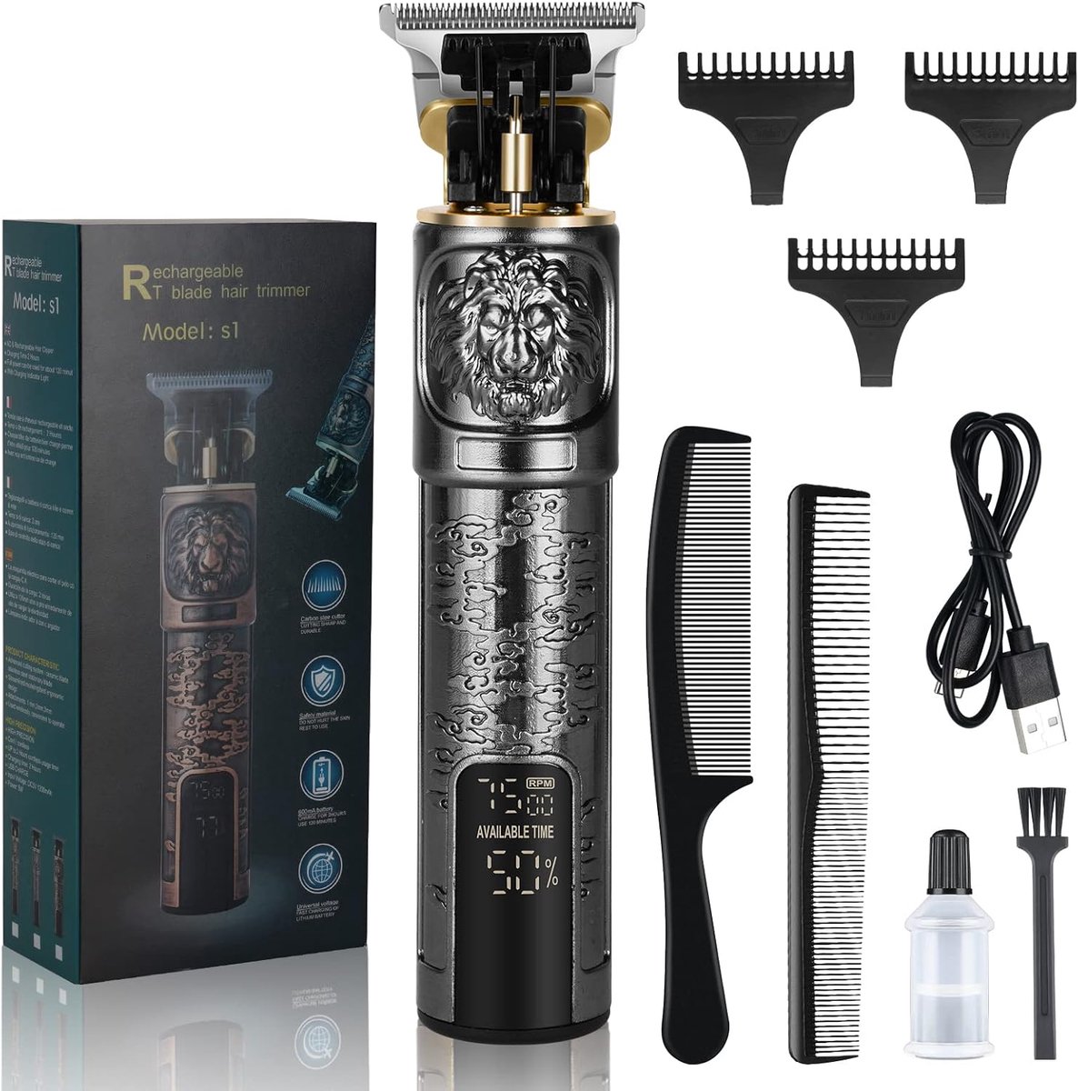 SnelShoppen - Draadloze Haartrimmer voor Mannen, Oplaadbare Baardtrimmer Set, Waterdichte Professionele Haarverzorging met 3 Gidskammen, Ergonomisch O