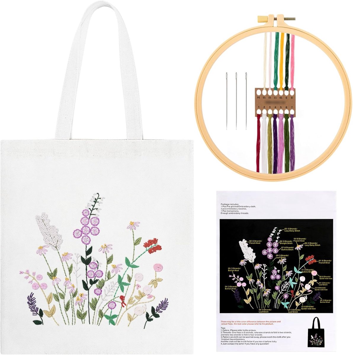 SnelShoppen - Canvas Tote Bag Met Bloem Borduurset voor Beginners en Volwassenen, Handgemaakte Cross Stitch Tas Inclusief Borduurhoepel en Instructies
