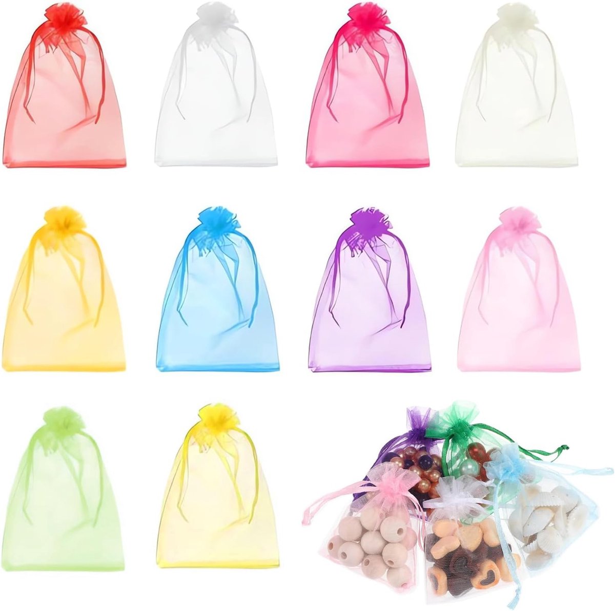 SnelShoppen - Pack van 100 Organza Tassen 7x9 cm - Kleurige Cadeautassen voor Sieraden, Lavendel, Feestjes, Kerst, Verjaardag - Transparant, Veelzijdi