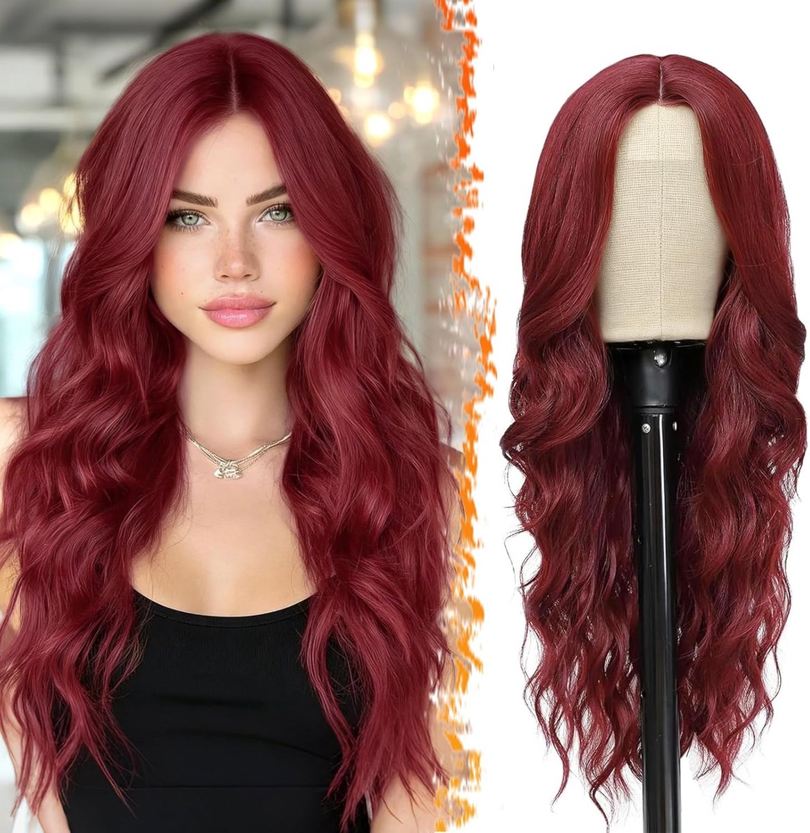 SnelShoppen - Lange Golvende Rood Haar Pruik 66 cm, Lace Front, Natuurlijke Look, Hittebestendig Synthetisch Haar voor Dames, Perfect voor Feesten en