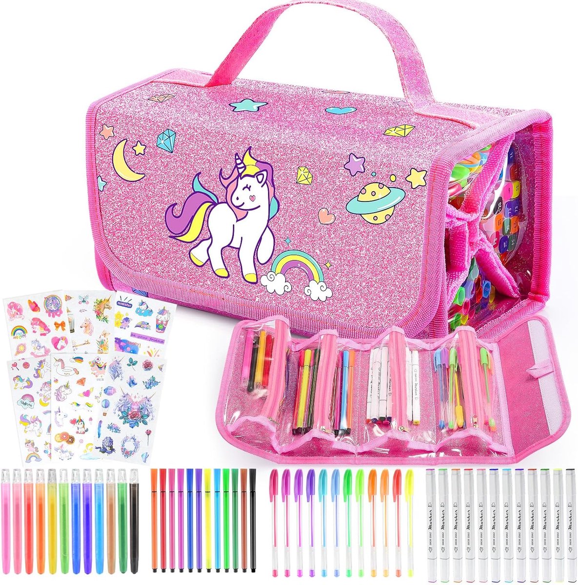 SnelShoppen - HappyGoLucky Verf Set voor Kinderen, Waterverf en Marker Set, Unicorn Potloodetui met 48 Stiften en Stickers, Cadeau voor Meisjes 3-10 J