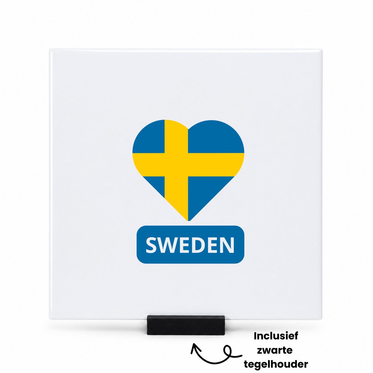 Hacebo Sweden vlag hartje tegeltje met tegelhouder - Zweden - reizigers - tegeltjes met tekst - toerist - verjaardagscadeau - souvenir - vakantie - spreuktegels - 15x15 CM Wit