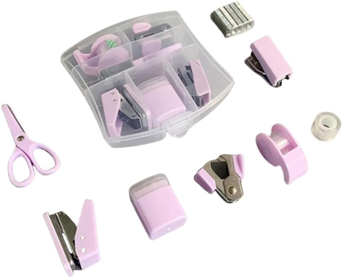 SnelShoppen - 8-delige Schattige Bureau Accessoires Set, Paarse Kantoorbenodigdheden met Nietmachine, Gatenpons, Heftang, Tapehouder, Schaar en Meer
