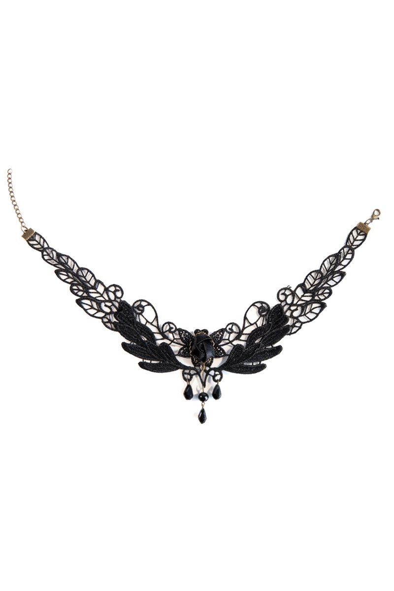 KIMU® Choker Zwart Kant Met Kraaltjes En Kettinkjes 11 - Kanten Zwarte Collar Ketting Vintage Lace Great Gatsby Roaring Twenties Blinders Charleston Brocante Jugendstil Art Deco Victoriaans Steampunk Sexy Antieke Festival