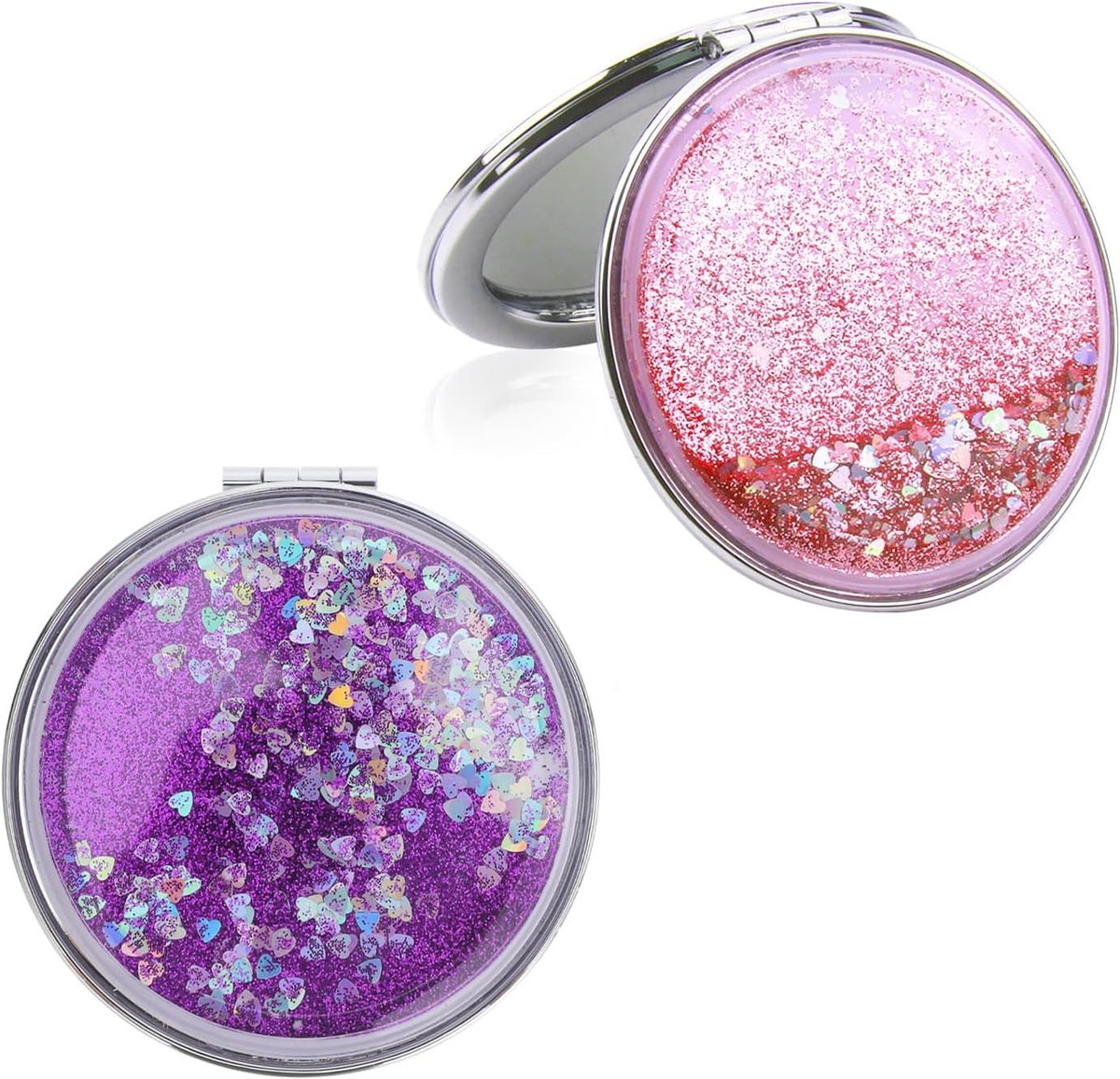 SnelShoppen - Mini Spiegel Set van 2 - Vouwbare Pocket Spiegel met Glitter - Dubbelzijdige Compact Spiegel met Vergroting - PU Leren Ronde Spiegel voo