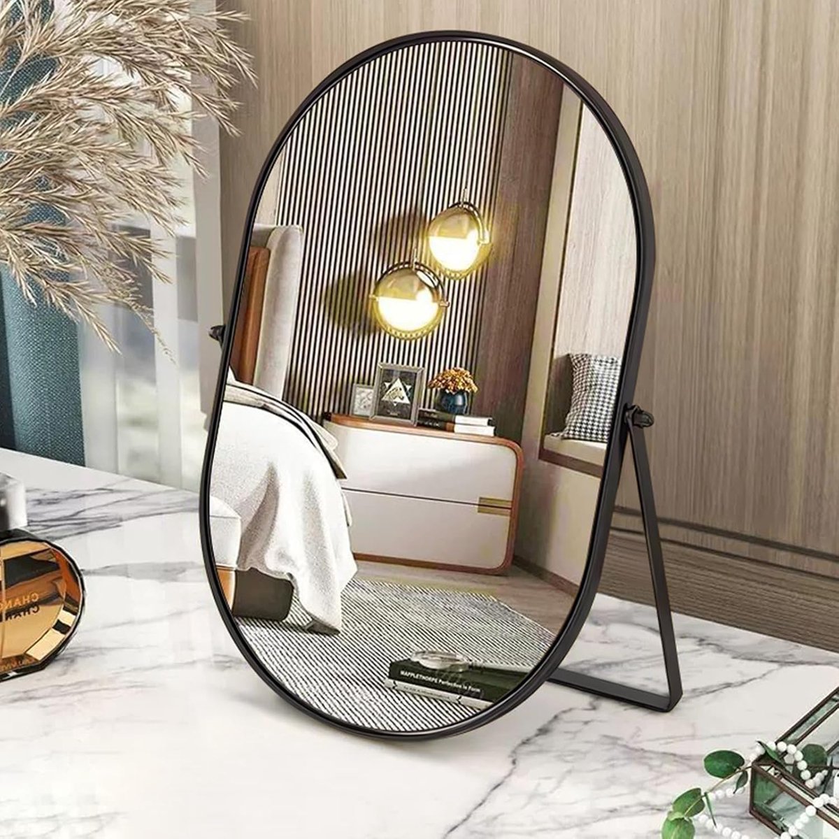 SnelShoppen - Ovalen Tafelspiegel, 90° Enkelzijdige Make-up Spiegel met Metaal Frame, Zwart Draagbaar Tafelmodel, Hoge Definitie Draaibare Make-up Spi