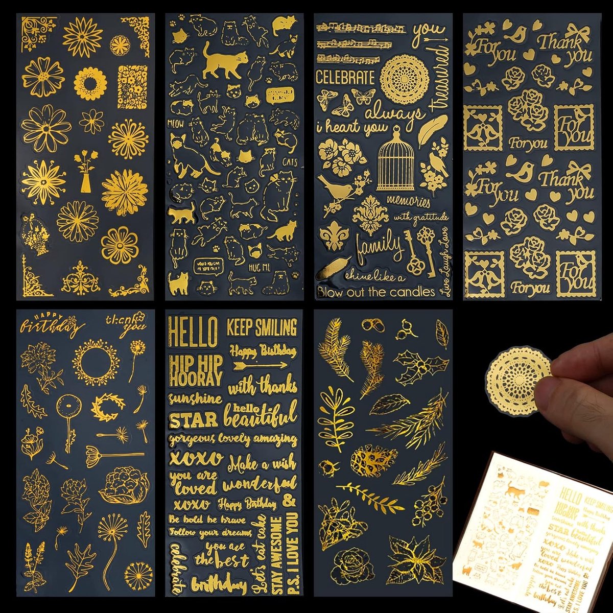 SnelShoppen - 7 Stuks Gouden Vinyl Stickers Kat Bloem Letter Vintage Voor Bullet Journal | Decoratieve Patches Voor Foto Album, Kalender, Notitieboek