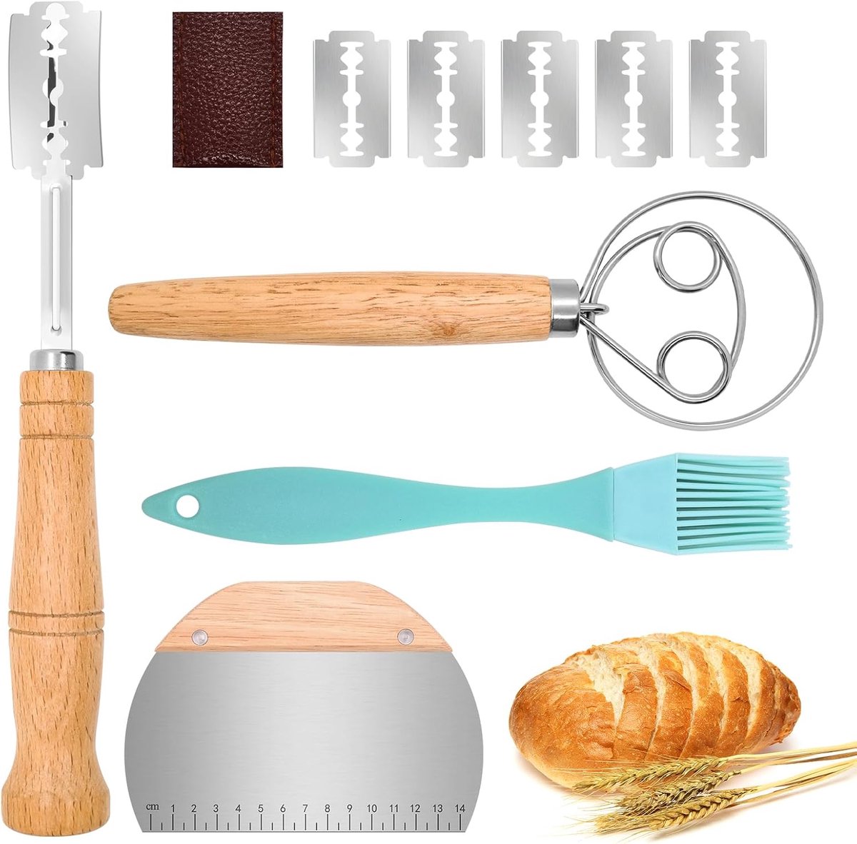 SnelShoppen - 4-delig Bakset - Broodmes Set met 5 Verwisselbare Messen, Deense Klopper, Deegschraper, Bakborstel, Perfecte Keukenaccessoires voor Broo