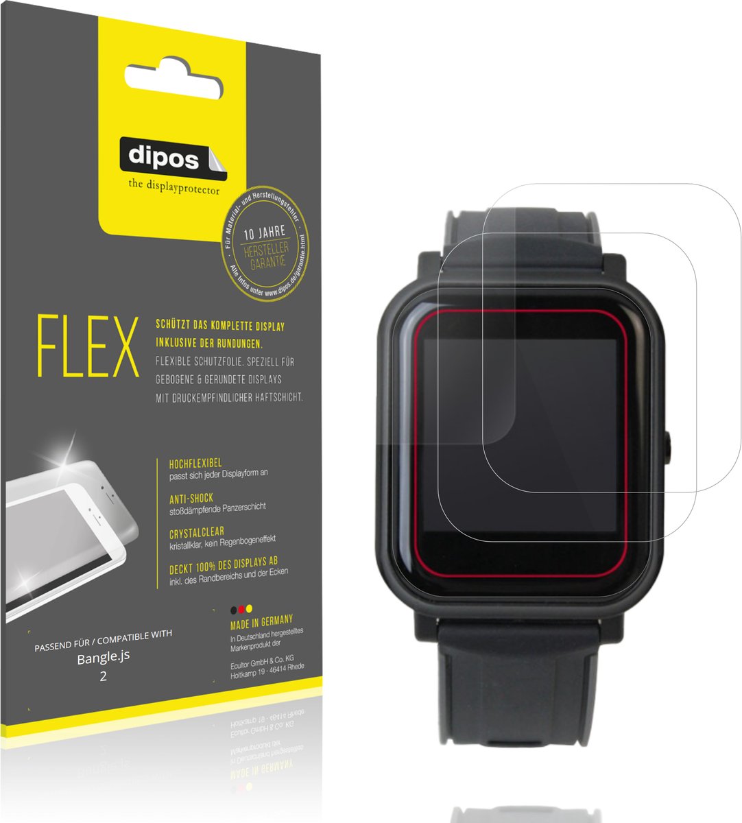 dipos – 2x Beschermfolie geschikt voor Bangle.js 2 | 3D Full Cover Screenprotector | 100% Passend