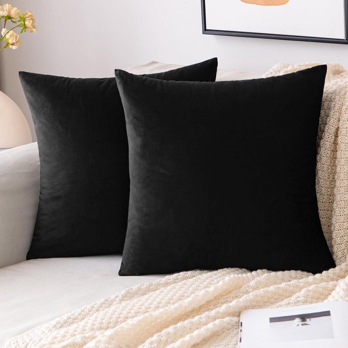 SnelShoppen - Set van 2 Velvet Kussenhoezen 40x40 cm - Zachte Decoratieve Kussenhoezen voor Bank en Slaapkamer - Zwart met Verborgen Rits