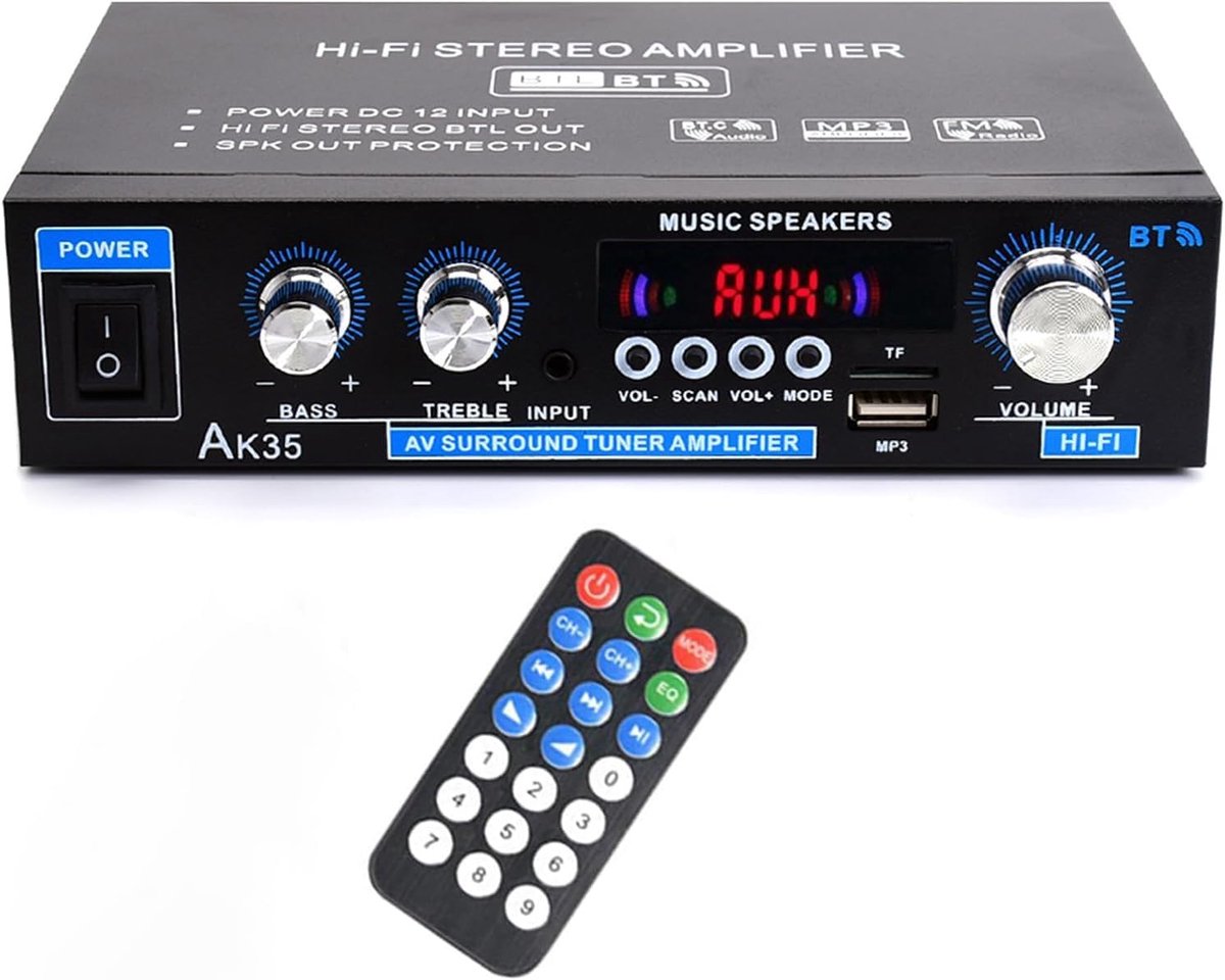 SnelShoppen - Mini Amplifier 500W met Bluetooth, FM Radio, USB, SD, RCA, MIC In - HiFi Stereo Audio Receiver voor Thuis, Karaoke en Auto
