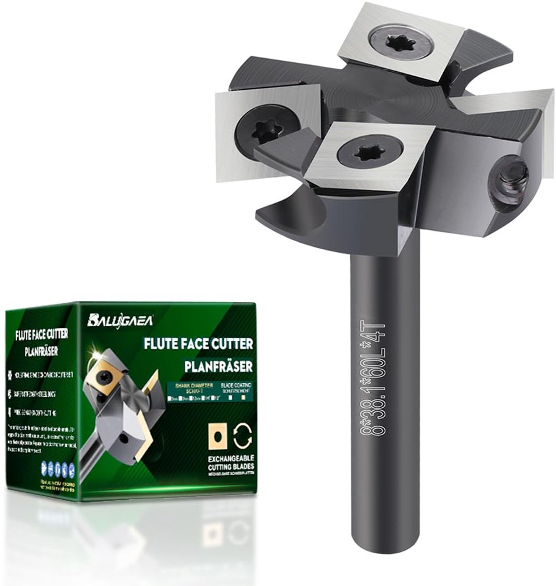SnelShoppen - Freesfrees 8 mm 4 snijders Ø 38.1 mm voor router en CNC, 12x12x2.2 mm inserts, MDF, hardhout, kunststof, tot 16000 RPM