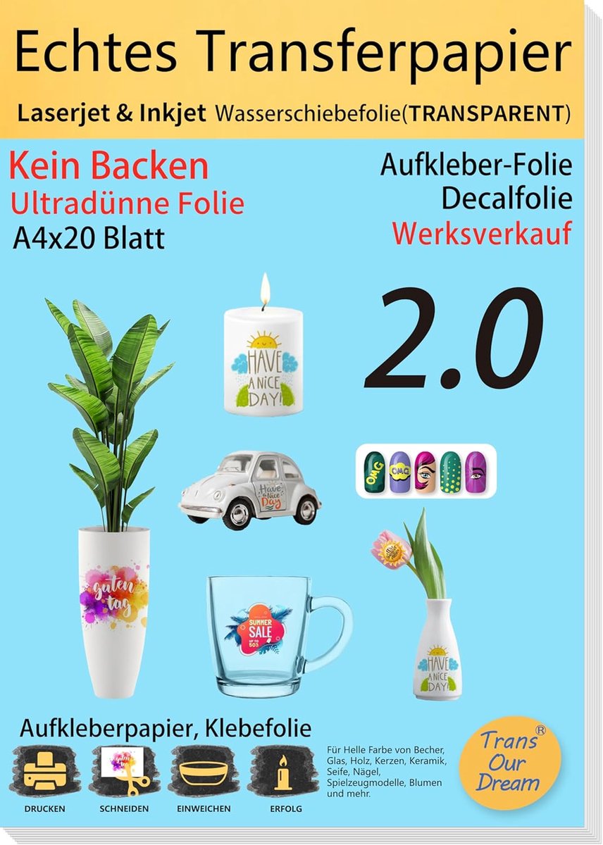 SnelShoppen - 20 Vel A4 Water Slide Film voor Inkjet/Laser Printers - Dunne Sticker voor Kaarsen, Mokken, Modellen en Nagels - Upgrade 2.0