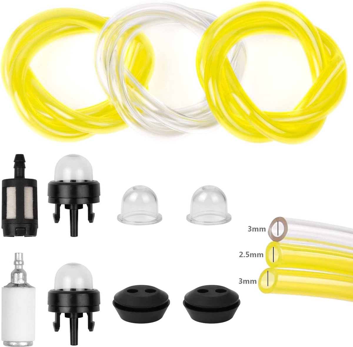 SnelShoppen - Universele Brandstoffilter Set met Brandstofslangen 2.5 mm & 3 mm, Brandstoffilters, Primer Lampen voor Grasmaaier, Bosmaaier, Trimmer,