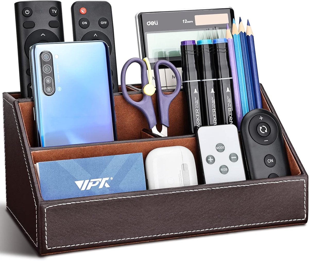 SnelShoppen - Multifunctionele Bureau Organizer - Pennenhouder - Desk Organizer PU Leer - Bruin - 5 Compartimenten - Kantooraccessoires