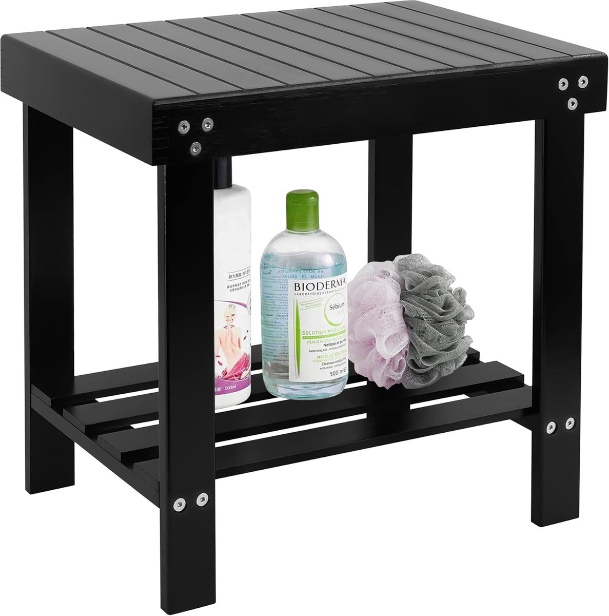 SnelShoppen - Bamboo Spa Bank - Houten Kruk met Antislip Voetjes - Opbergplank voor Shampoo en Handdoeken - Ideaal voor Badkamer, Woonkamer, Slaapkame