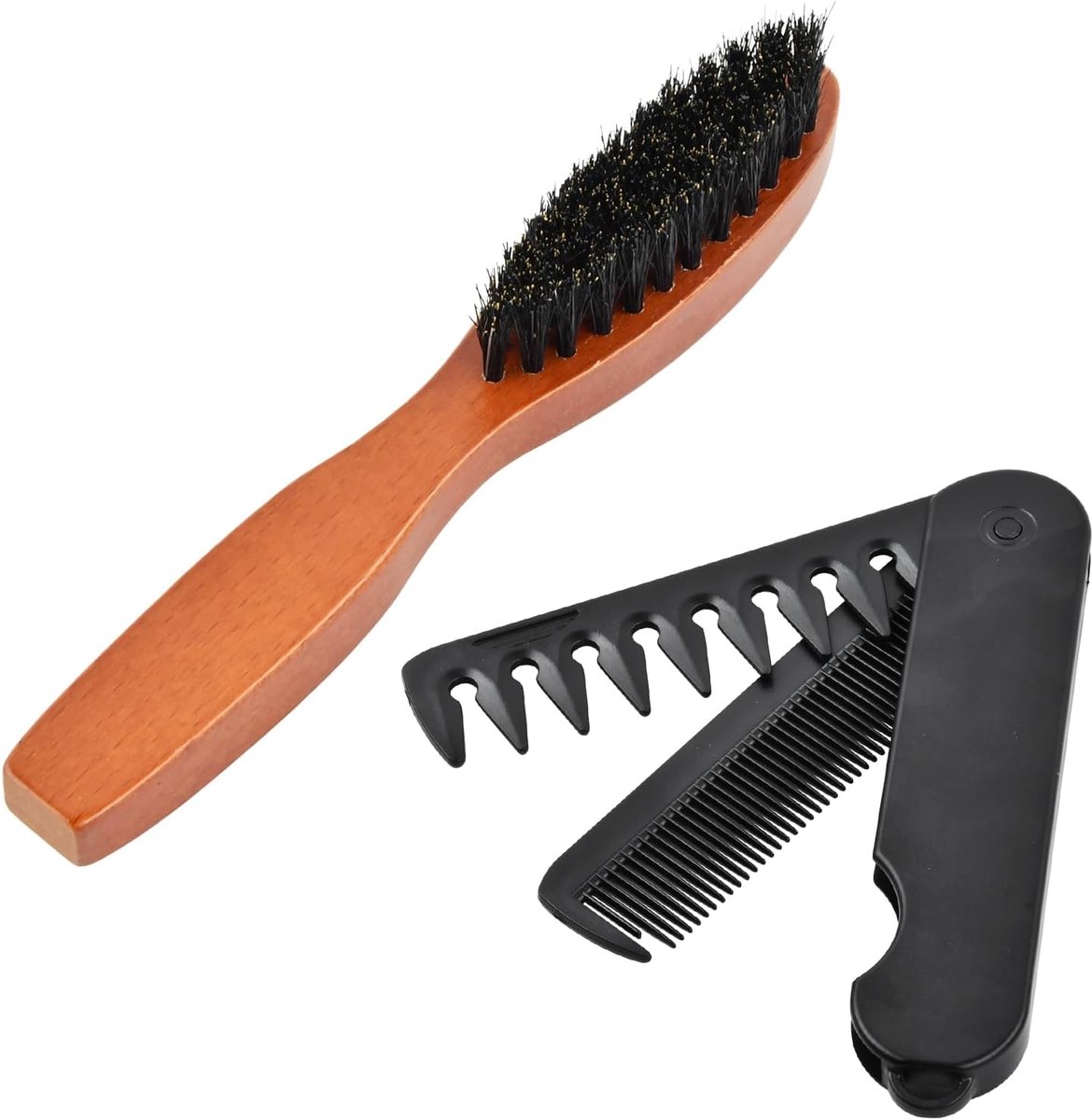 SnelShoppen - Beard Brush Set voor Mannen - 1 Boar Bristle Borstel en 1 Vouwkam - Haar en Baard Styling - Scalp Massage en Haarbreuk Verminderen - 2-d