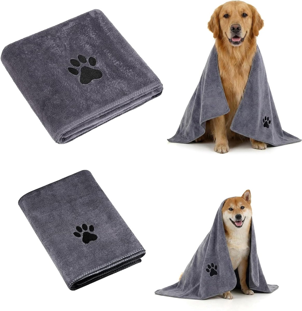 SnelShoppen - 2 Stuks Hondendekens, Sneldrogend Microvezel Handdoeken, Extra Absorberend en Zacht, Voor Honden, Katten en Huisdieren, Grijs (75 x 35 c