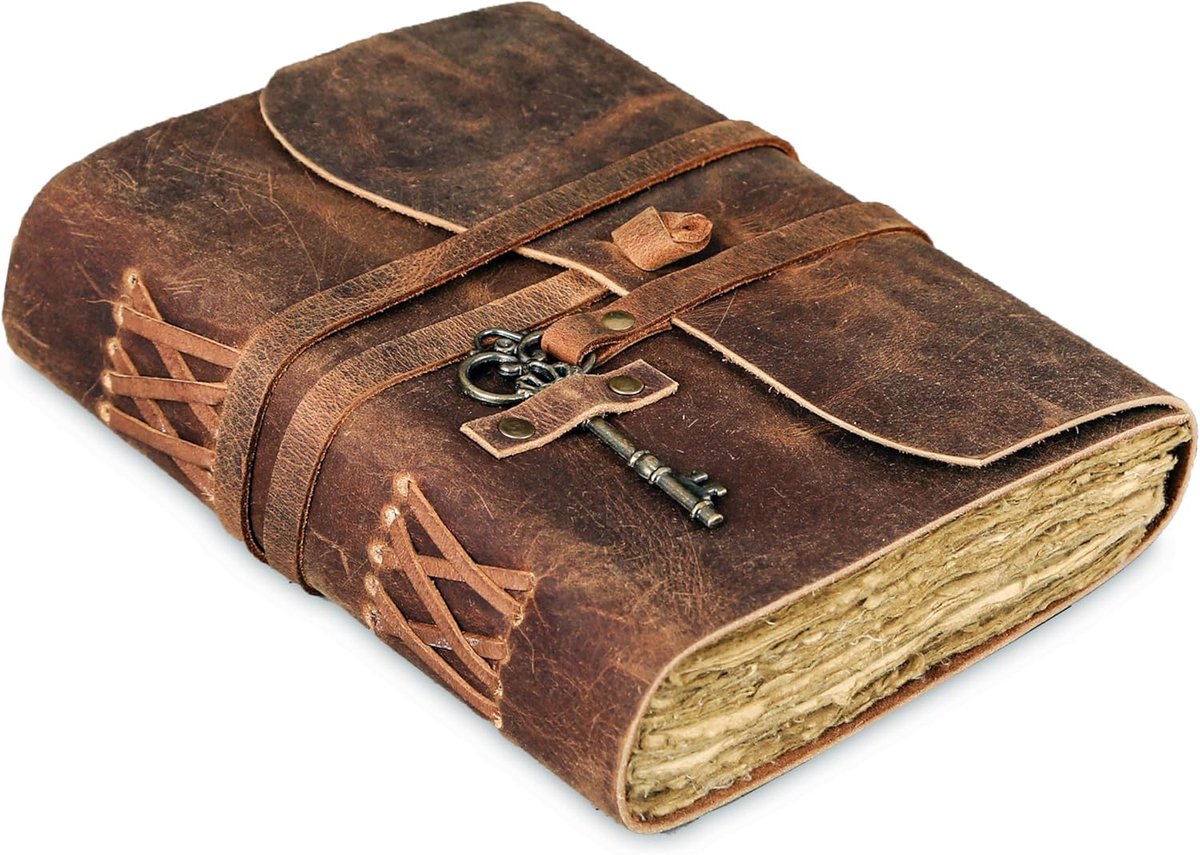 SnelShoppen - Lederen Dagboek 8x6 Inch met Gelinieerd Deckle Edge Papier en Vintage Sleutel - Handgemaakt Notitieboek voor Schrijven en Schetsen - Bru