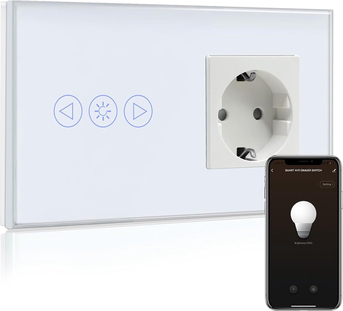 SnelShoppen - Slimme Dimmer Schakelaar met Normale Stopcontact Zwart, WiFi Touch Wand Schakelaar Compatibel met Alexa en Google Home, APP Afstandsbedi