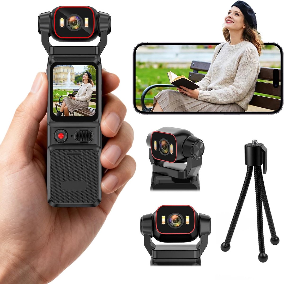 SnelShoppen - Vlog Camera 4K met 6-Assige Stabilisatie, WiFi, 160° Draai Lens, 256GB SD, LED Verlichting - Ideaal voor Vlogs & Reizen