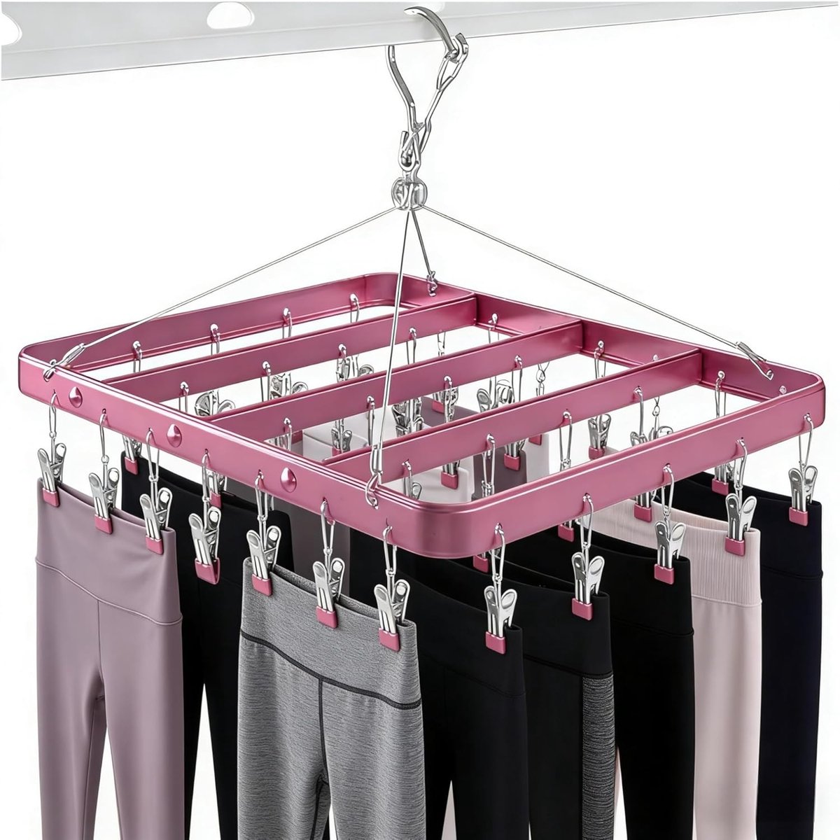 SnelShoppen - Kleding Droogrek met Clips voor Sokken en Ondergoed - 36 Sterke Klemmen, Winddichte Haak, Vouwbaar, Aluminiummateriaal - Roze