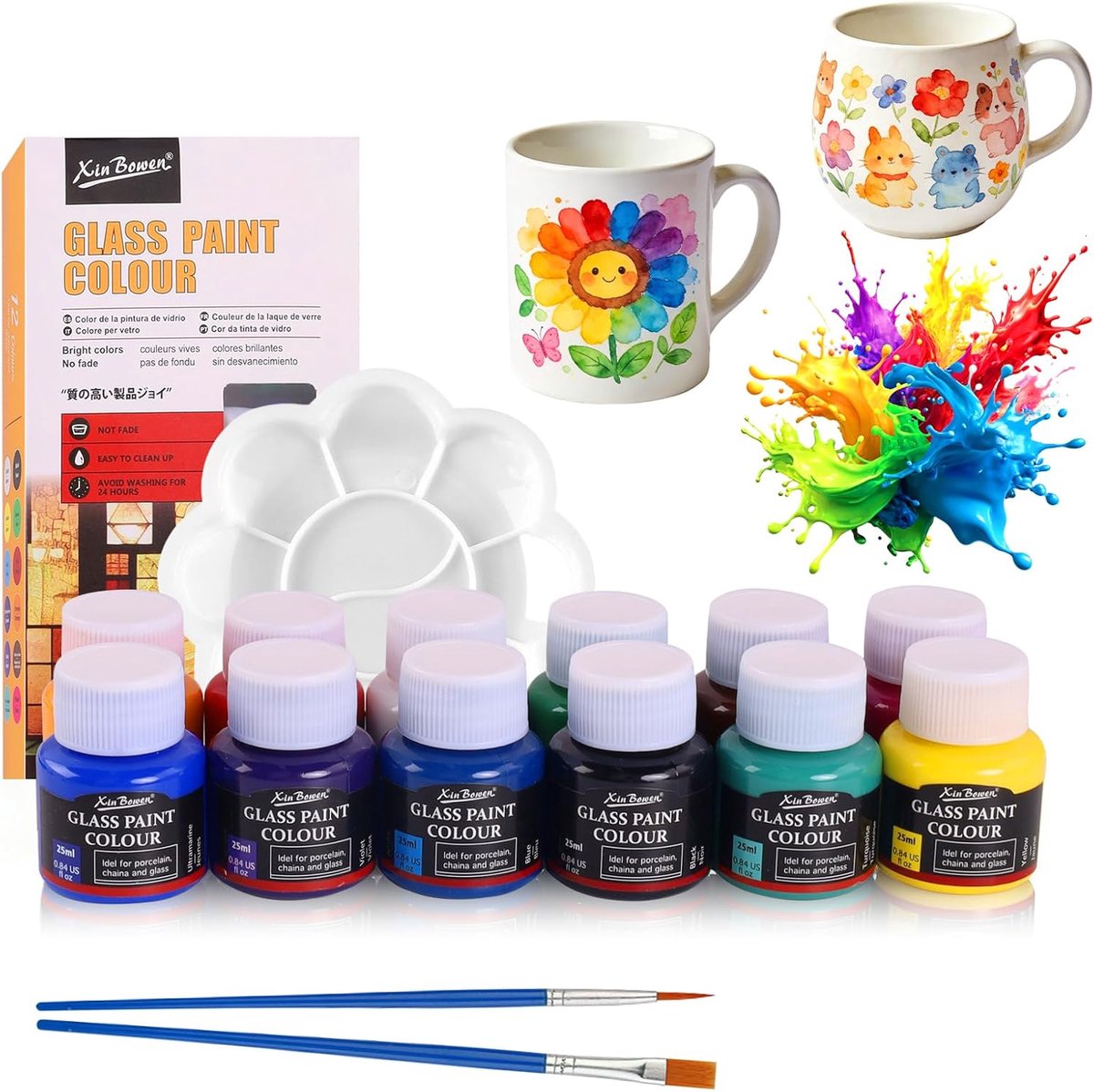 SnelShoppen - Ceramic Painting Set - 12 x 25 ml Porseleinverf - Vaatwasserbestendig - Keramiek Schilderen Set met Palet en 2 Penseel - Voor Glas, Tass
