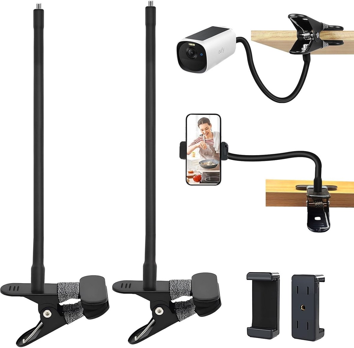 SnelShoppen - 2 Pack Universele Camera Houder voor Beveiligingscamera's en Zonnepanelen met 2 Clips voor Telefoonhouder, Metalen Klemhouder (Zwart)