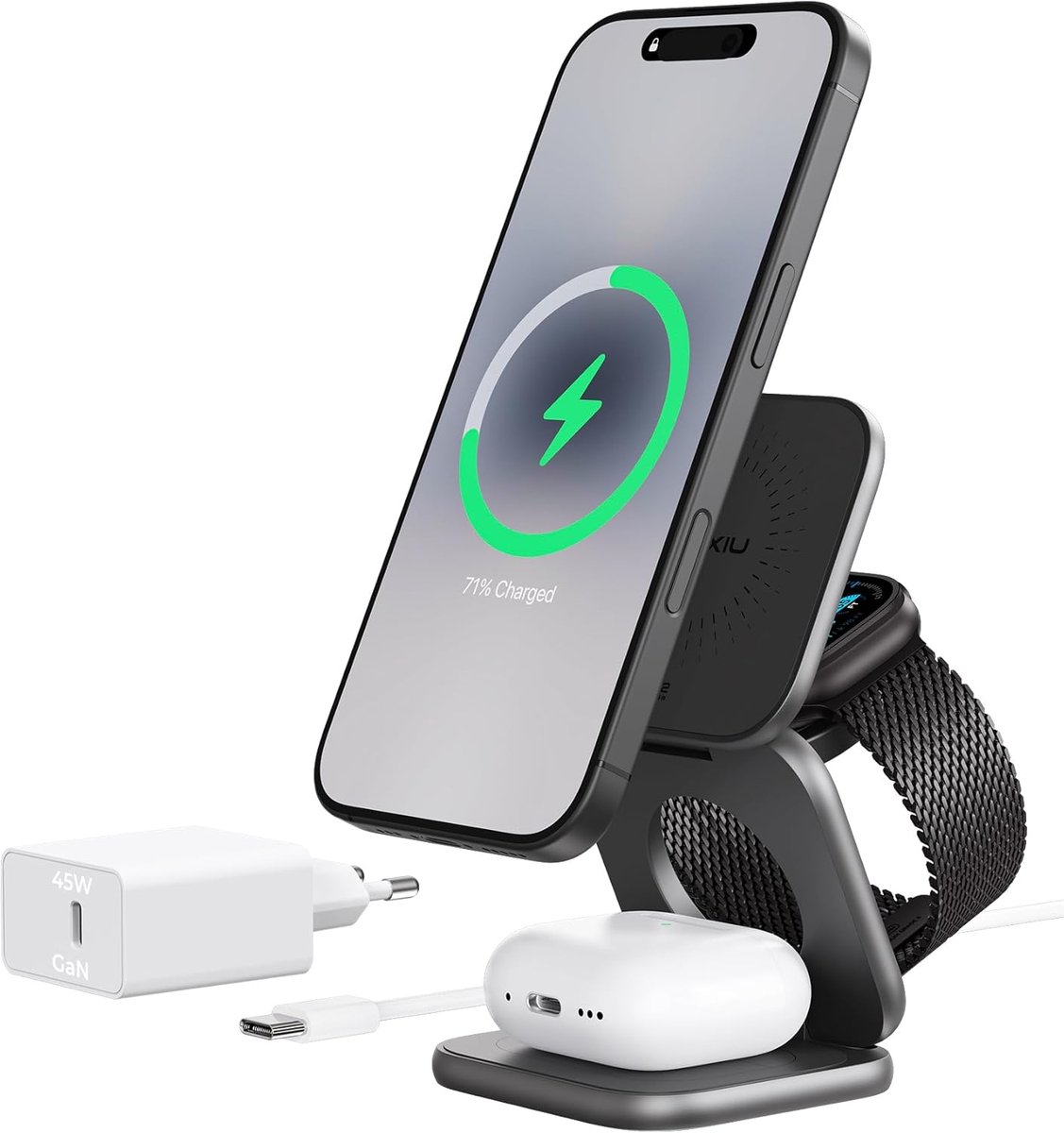SnelShoppen - Draadloze Oplader 25W, 3-in-1 Vouwbare Oplaadstation voor iPhone 17/16/15/14/13/12, 5W voor Apple Watch & AirPods, Aluminium Design, Gri