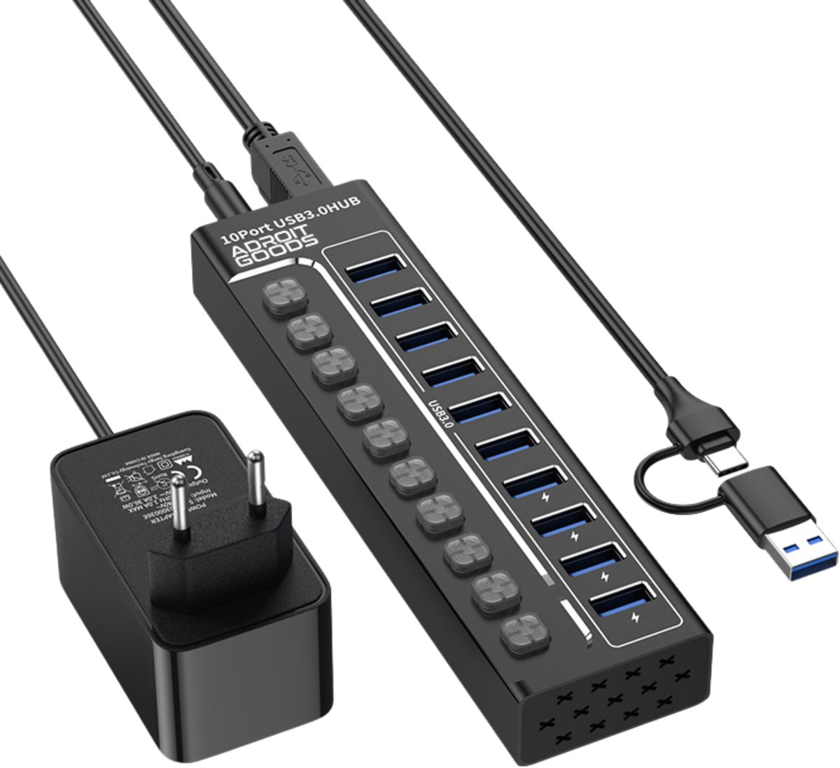 AdroitGoods USB 3.0 Hub 10 Poorten met Individuele Switches - 5Gbps High Speed USB Splitter Multiport Adapter - met Voeding Voor Laptop PC Accessoires