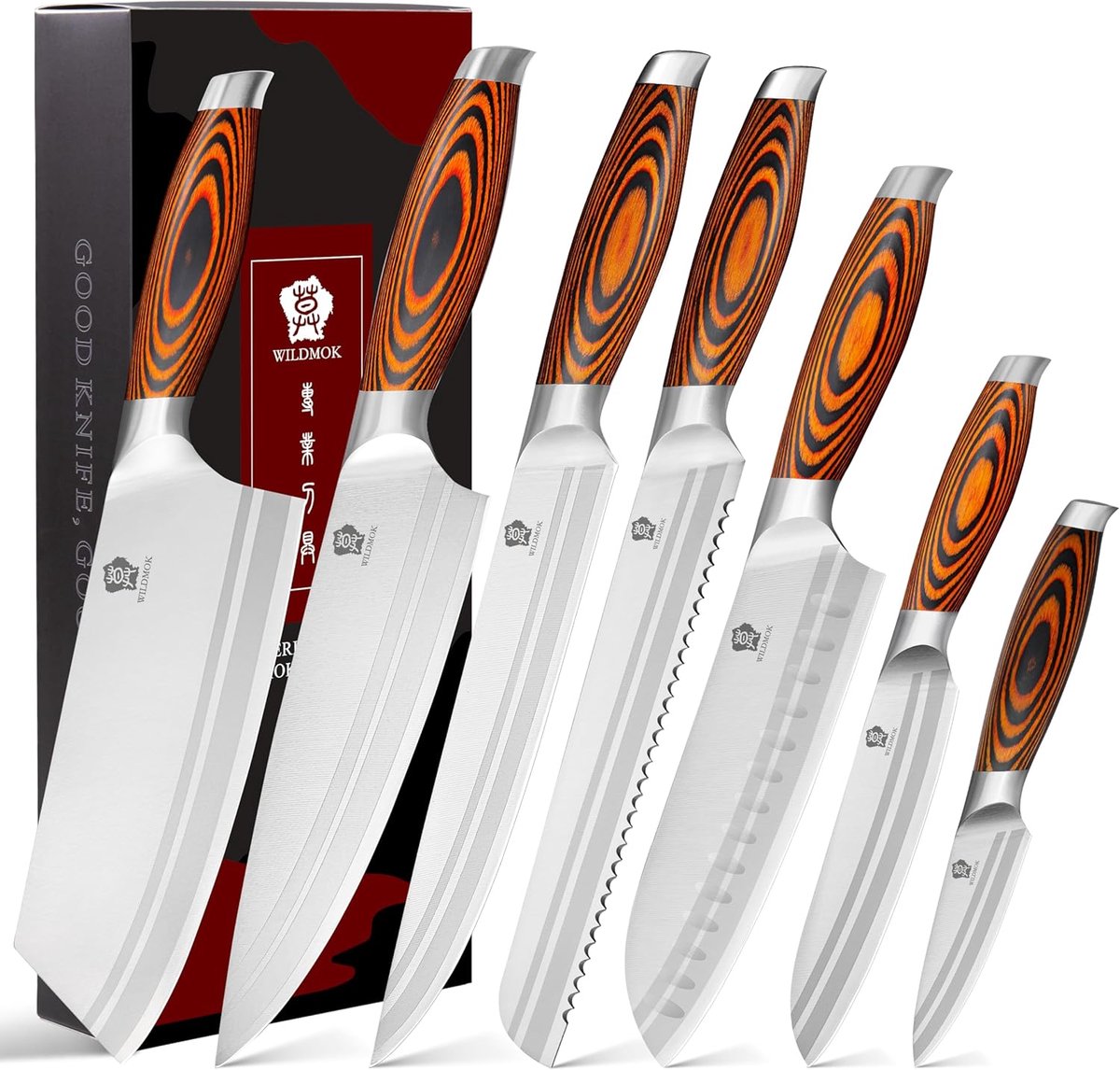 SnelShoppen - 7-delige Keukenmes Set met Premium Pakkahout Handvat, Duitse Staal Messen Set voor Koken, Inclusief Hakmes, Koksmes, Santoku Messen