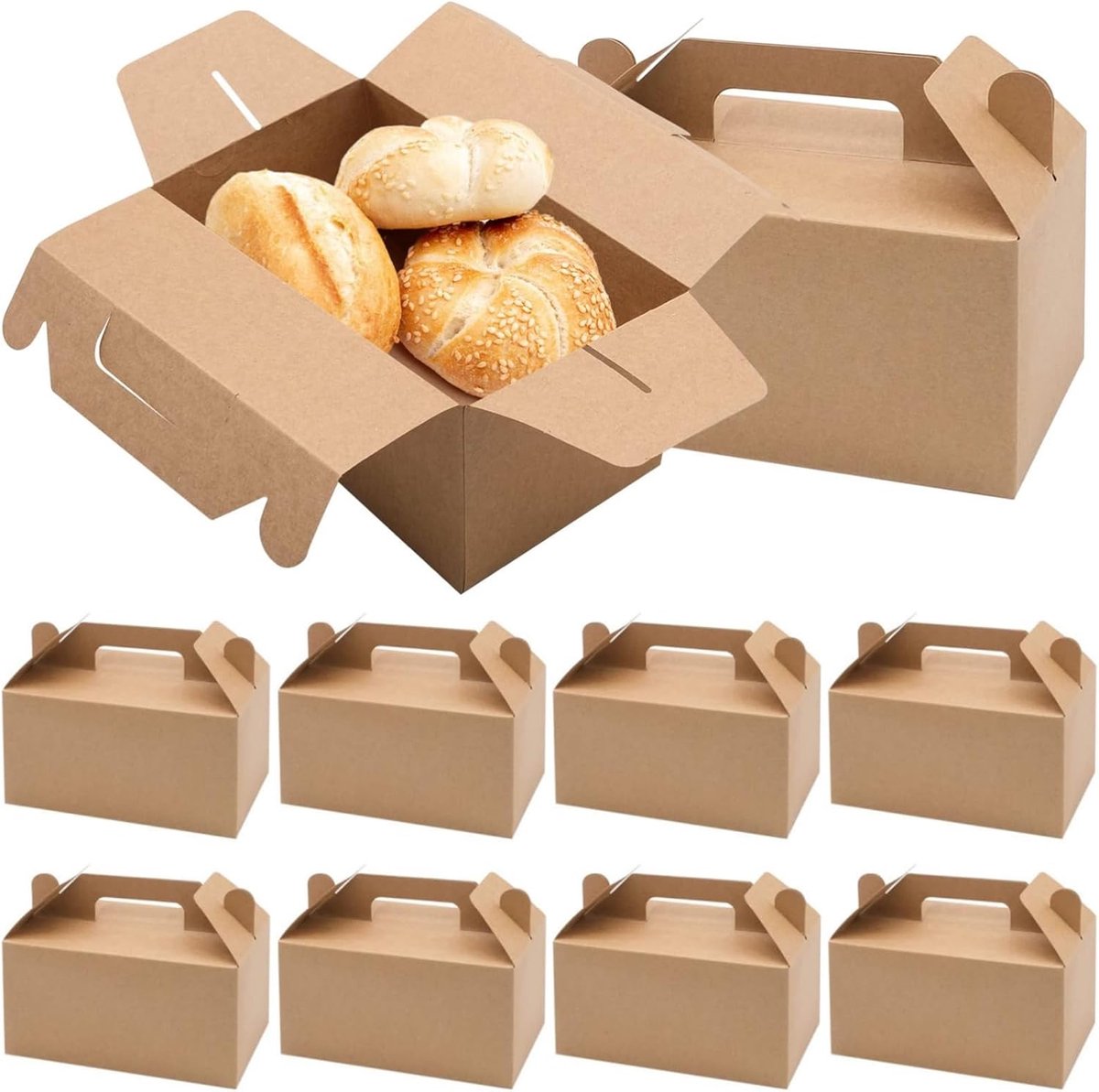 SnelShoppen - 10 Stuks Vouwbare Bruine Kraft Papieren Dozen met Handvat - Kartonnen Cadeau Dozen voor Verjaardag, Bruiloft, Doop, Feest (19 x 11 x 10